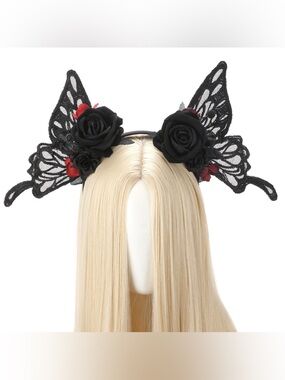 Black Floral Womens Headband Hairband Goth Halloween Butterfly Fairy Elf Crown